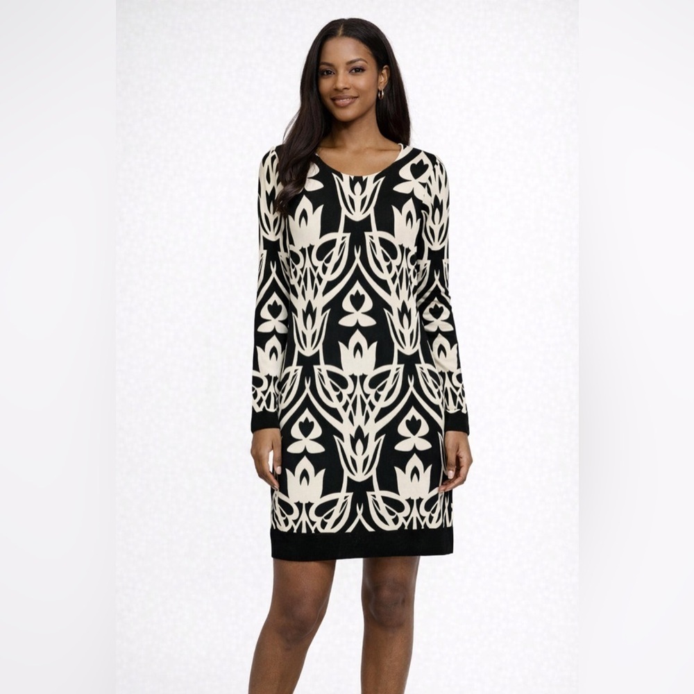Cache Black Ivory Print Shift Midi Dress Long Sleeve Size 6